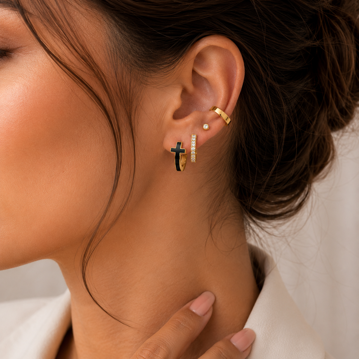 Noir Cross Huggie Earrings