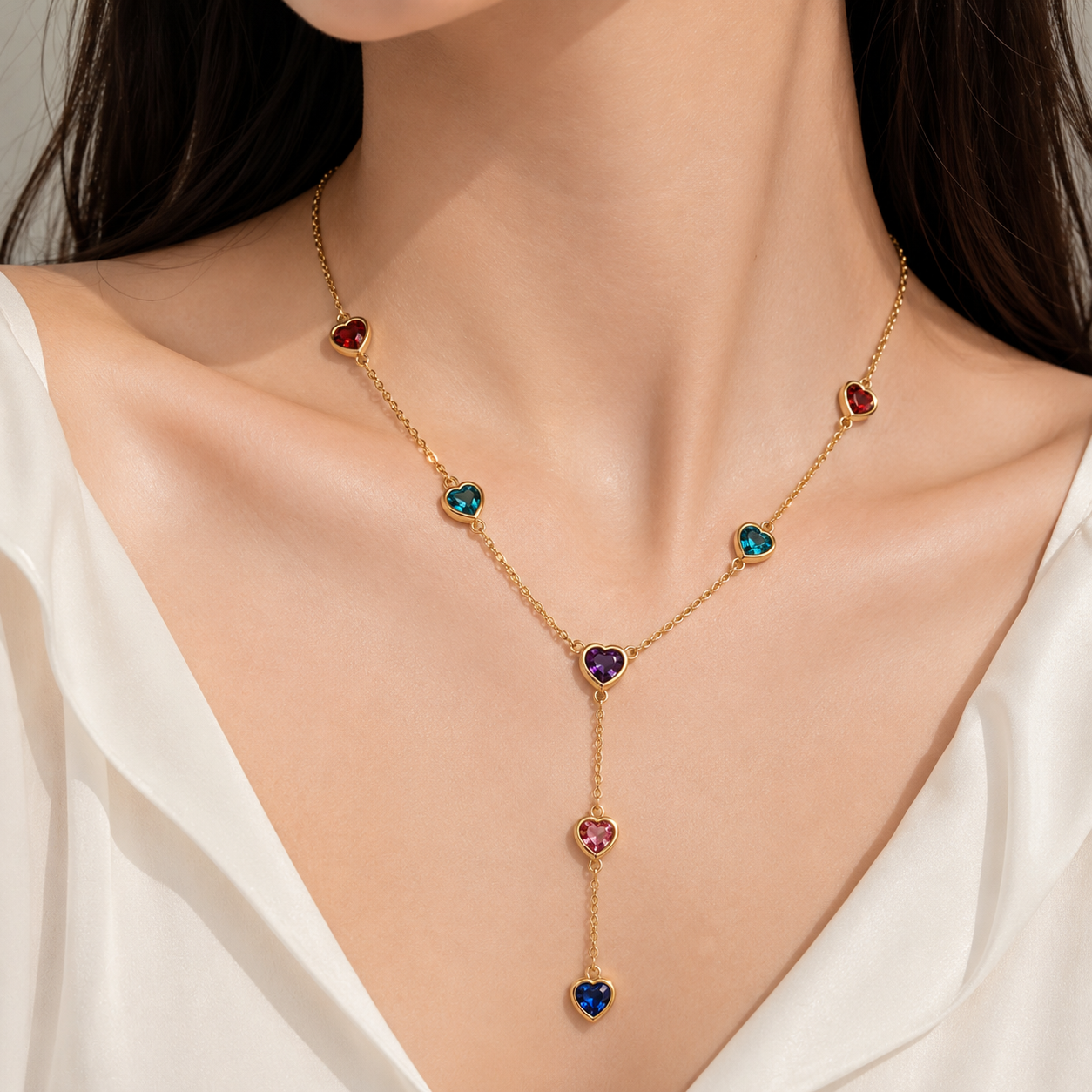 Rainbow Heart Cascade Necklace